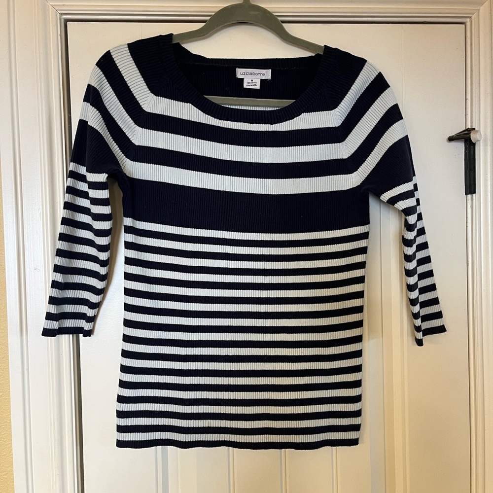 Navy/light blue striped sweater with 3/4 sleeve